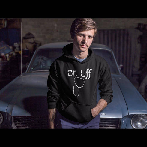 Mann mit Dr. Uff Hoodie